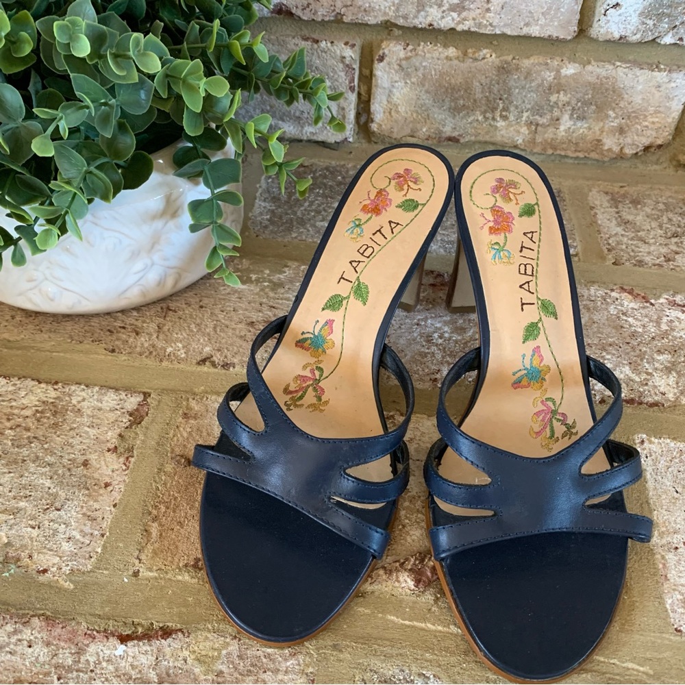 TABITA | Navy Leather Open Toe Heels with Embroidery | 7.5